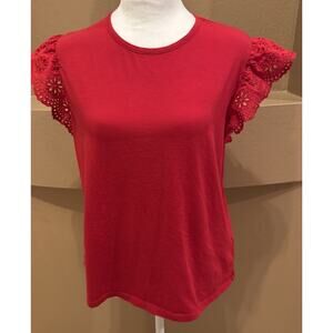 Ralph Lauren Womens Eyelet Ruffle Sleeve Top Red Size L